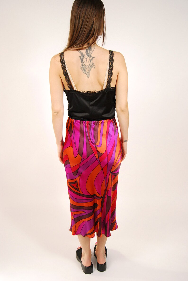 90s Abstract Skirt 26 vibrant purple orange pink brown geometric silky midi skirt small image 3