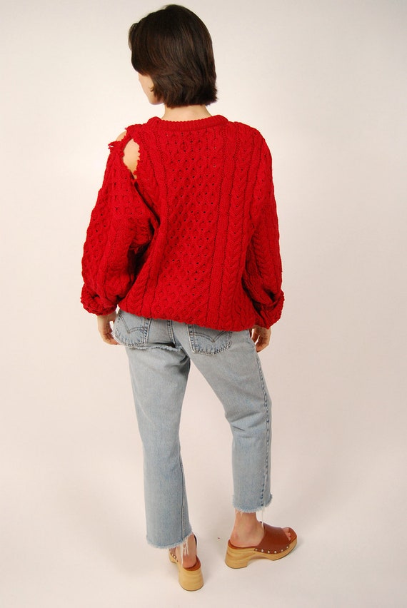 Distressed Fisherman Sweater (L) vintage 80s red … - image 3