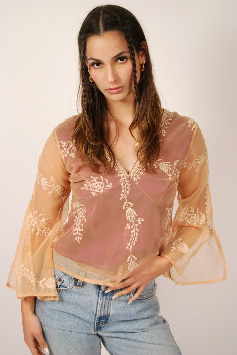 Silk Organza Top M vintage y2k peach embroidered bell sleeve medium image 7