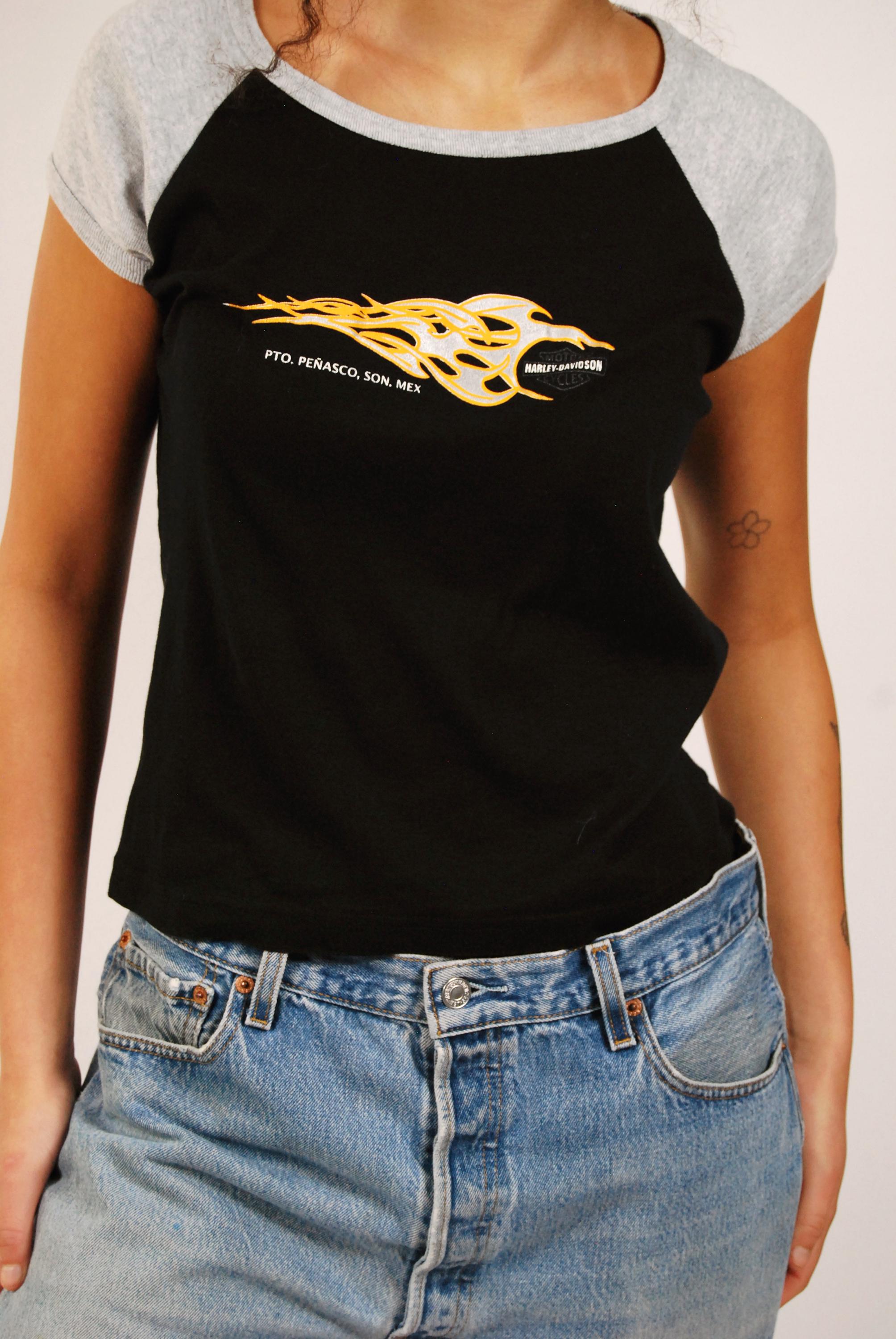 Vintage Harley-davidson T-shirt (L) Black Y2k Flame Biker Top