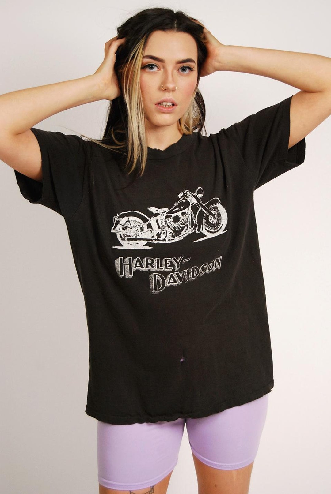 80s 希少 Harley-Davidson サーマル Tシャツ 80s Harley-davidson T-shirt (L) Vintage Black Triangle
