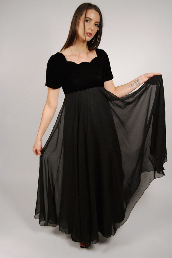 90s Goth Dress (S) black velvet sheer mesh maxi g… - image 1