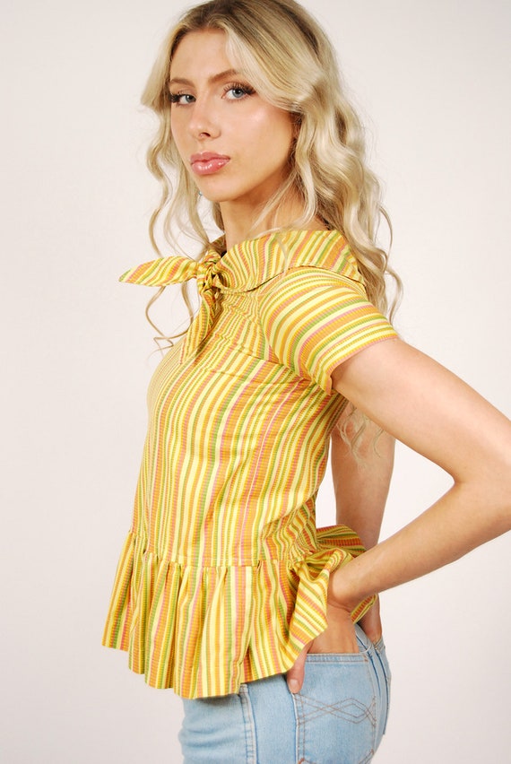 60s Tie Top (S) vintage yellow stripe ruffle small - image 5