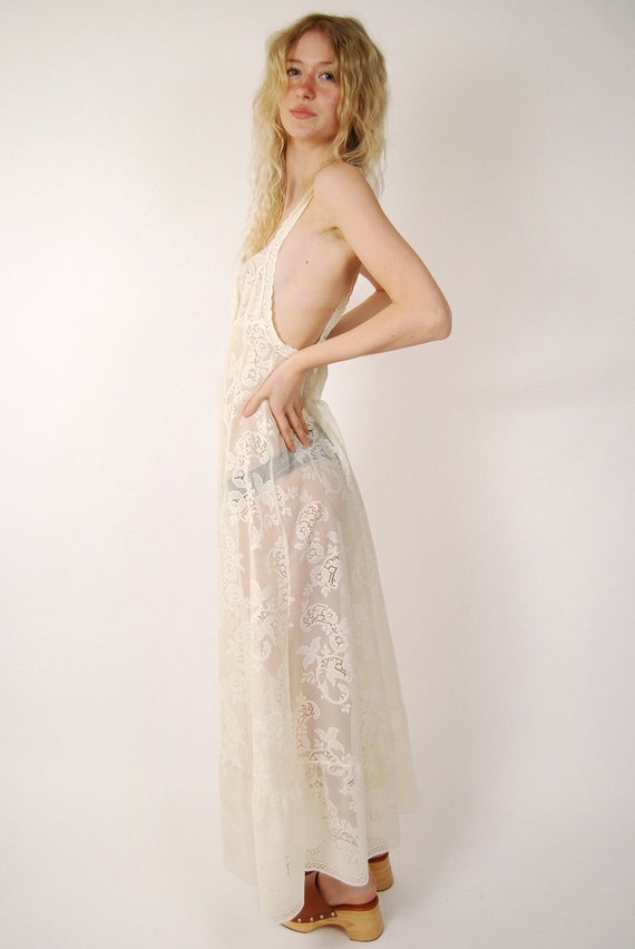 70s Lace Gown (XXS-L) vintage ivory white sheer dr
