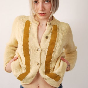 50s Wool Cardigan M cream suede knit sweater women medium image 5