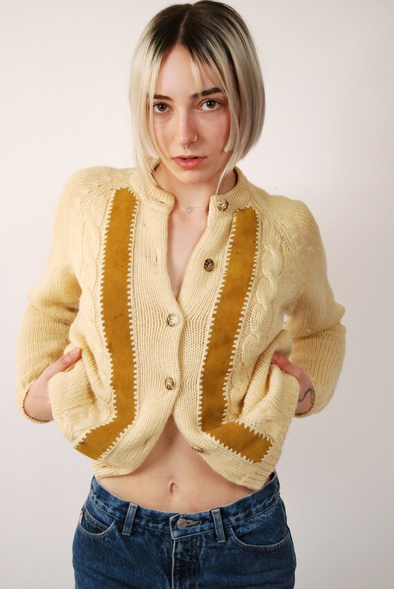 50s Wool Cardigan (M) cream suede knit sweater wo… - image 5