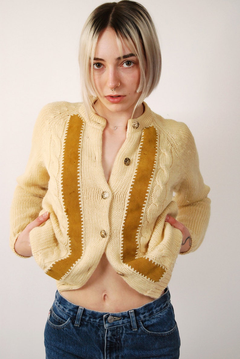 50s Wool Cardigan M cream suede knit sweater women medium image 5