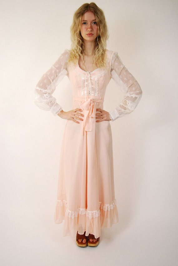 GUNNE SAX ヴィンテージ ワンピース 70s ピンク レース Vintage Gunne Sax Pink Prairie Mixi Dress-1970s Gunne Sax