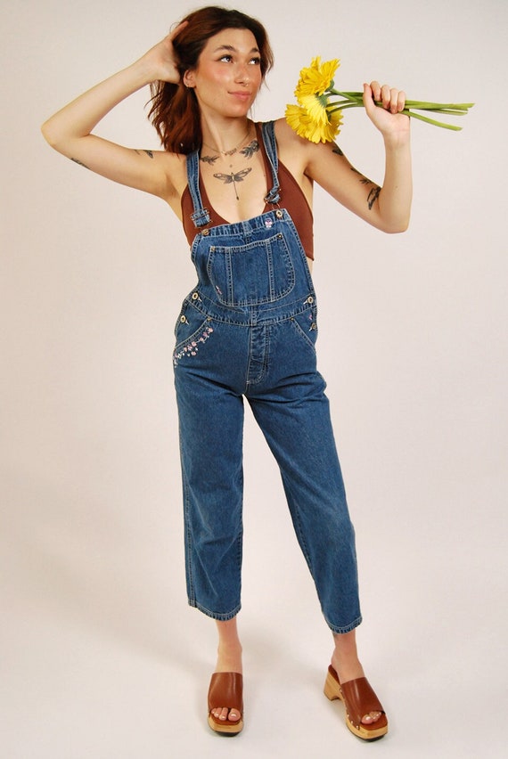 Floral Embroidered Overalls (S) Vintage 90s Blue Denim Small - Etsy