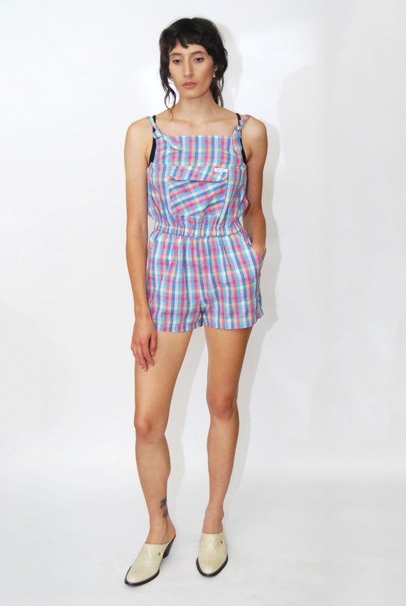 vintage PLAID ROMPER (M) pastel 80s pink blue chec