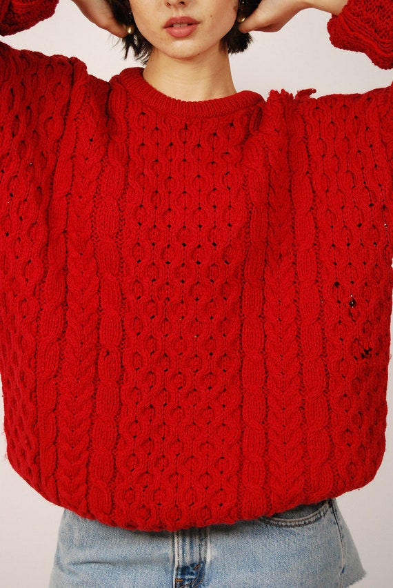 Distressed Fisherman Sweater (L) vintage 80s red … - image 6