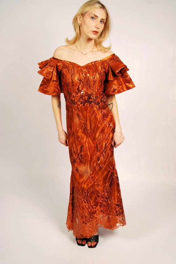 vintage orange prom dress Orange With Black Vintage Prom Dresses Ruched Draped Floor Length Dress Women