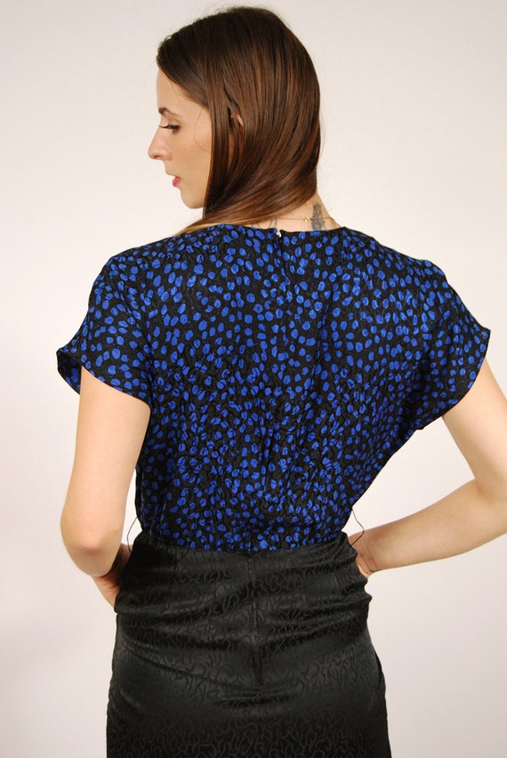 80s Silk Dress (6) blue black polka dots vintage … - image 6