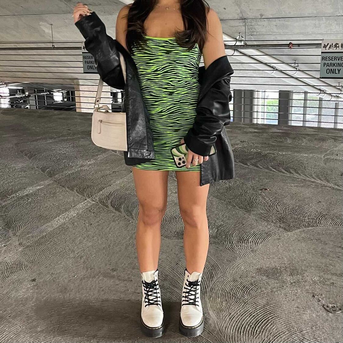 Vintage Tiger Print Dress XS Neon Green 