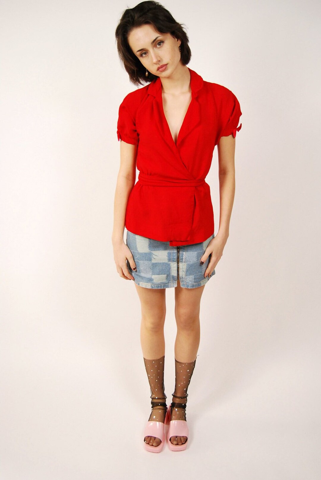 70s Linen Tie Top XS Vintage Red Plunging Wrap Blazer Etsy