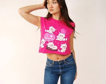 I Heart California Crop Top (L) vintage 90s magenta cat t-shirt women large
