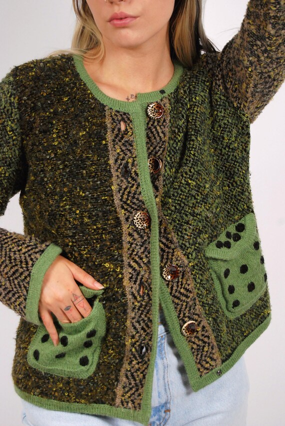 90s Multi Pattern Cardigan (M) patchwork green me… - image 7