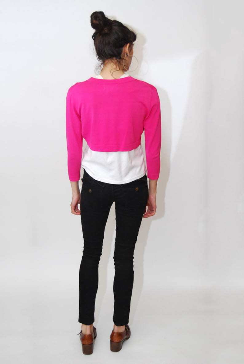 vintage hot pink top shirt blouse long sleeve petite skinny slim fit small xs medium neon sweater jumper minimal colorful 90 80s SHRUG SM