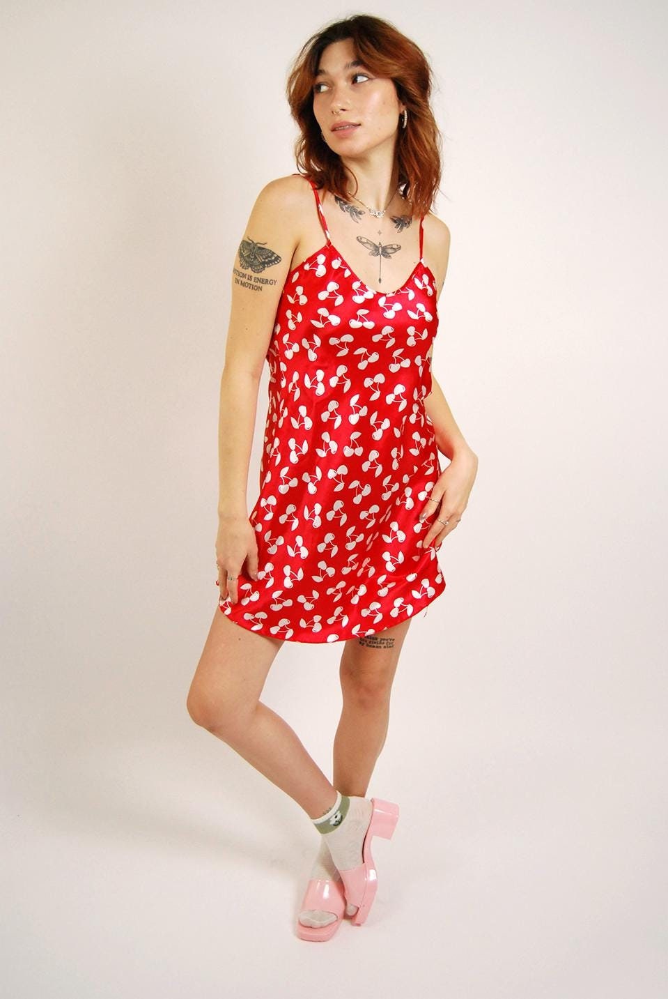 Cherry Print Dress (M) Red Y2k Satin Slip Medium - Etsy