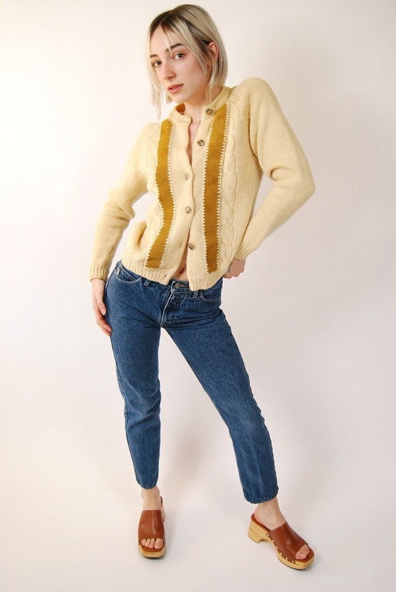 50s Wool Cardigan (M) cream suede knit sweater wo… - image 1