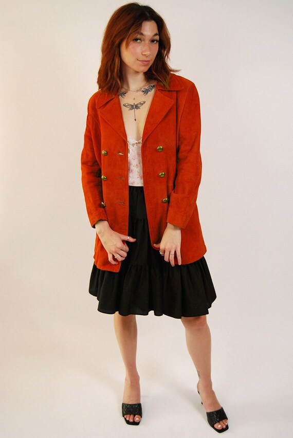 70s Suede Coat (S) Vintage Orange Button up Women Small