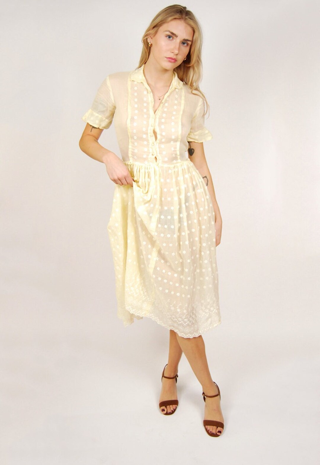 70s White Dress XS Vintage Sheer Floral Dots Cream Offwhite Etsy