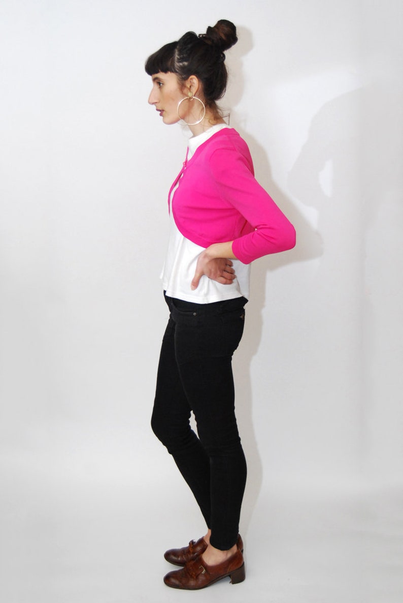 vintage hot pink top shirt blouse long sleeve petite skinny slim fit small xs medium neon sweater jumper minimal colorful 90 80s SHRUG SM
