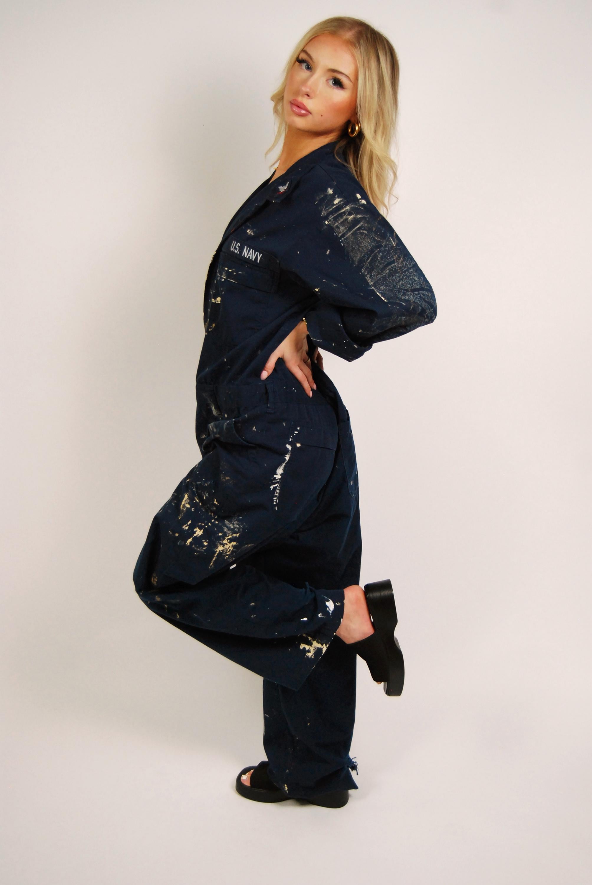 Vintage 80s U.S. Navy Coveralls (XXL) Navy Blue Painted Distressed