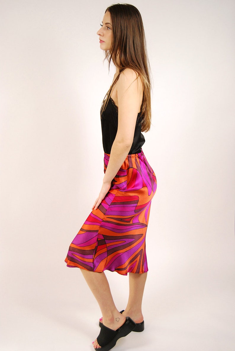 90s Abstract Skirt 26 vibrant purple orange pink brown geometric silky midi skirt small image 2