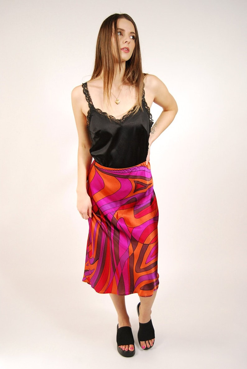 90s Abstract Skirt 26 vibrant purple orange pink brown geometric silky midi skirt small image 1