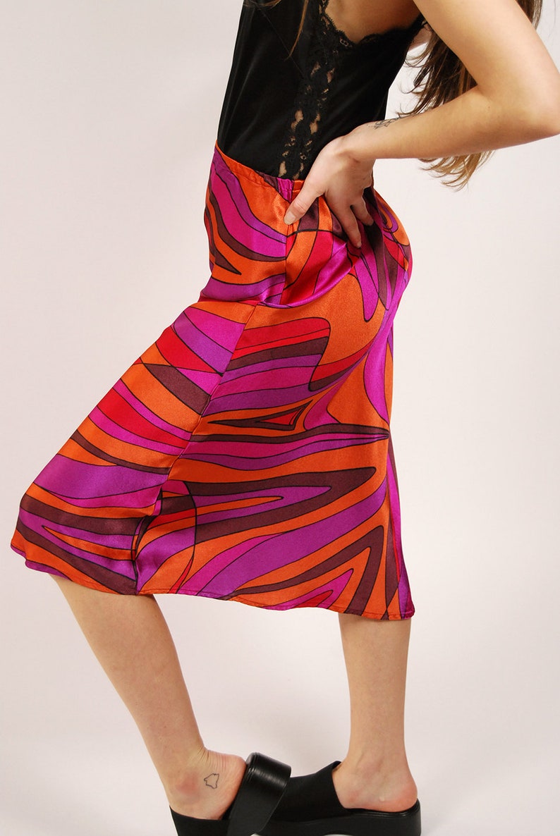 90s Abstract Skirt 26 vibrant purple orange pink brown geometric silky midi skirt small image 5