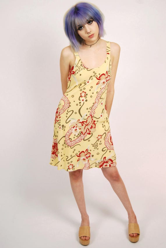 silk slinky dress Y2K Slinky Dress (XS) Yellow Vintage Midi Silk