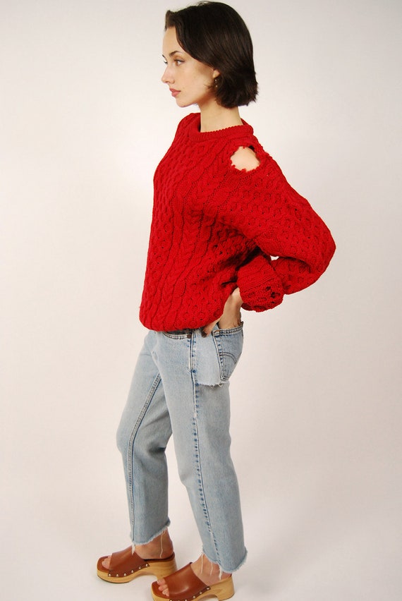 Distressed Fisherman Sweater (L) vintage 80s red … - image 2