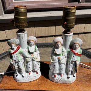 Vintage Pair Hand Painted Japanese Porcelain Figural Table Lamps