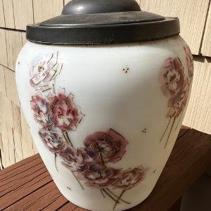 Hand Decorated Antique China and Pewter Biscuit Jar