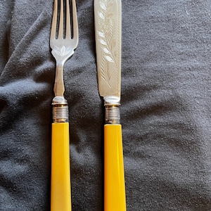 Antique Knife and Fork Set- London 1925- Bone Handles, Sterling Ferrules