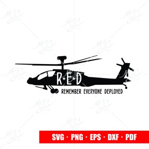 May include: Black silhouette of a helicopter with the text "R*E*D" on the side, and the words "Remember Everyone Deployed" below.
