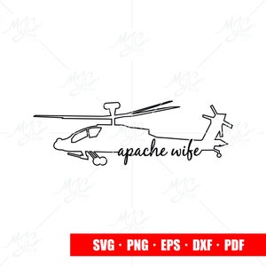 May include: A black and white line drawing of an Apache helicopter with the text "apache wife" underneath.