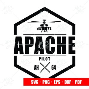 May include: Black and white graphic design featuring an Apache helicopter silhouette inside a hexagon. The word "APACHE" is prominently displayed, with "PILOT" and "AH 64" below. A red banner at the bottom lists file formats.