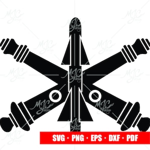 May include: Black and white silhouette of a military insignia featuring a stylized missile with four cannons surrounding it.