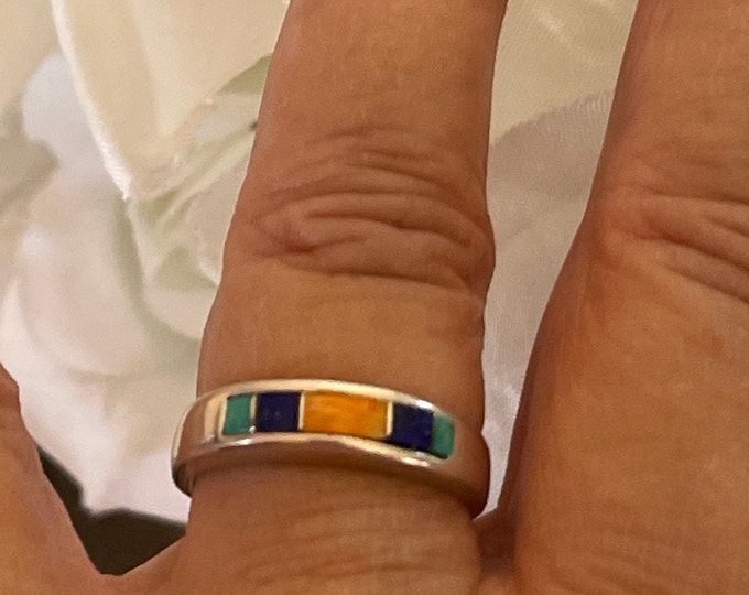 Waldeck Johnson Navajo Sterling Silver Inlaid Multigemstone Band Ring