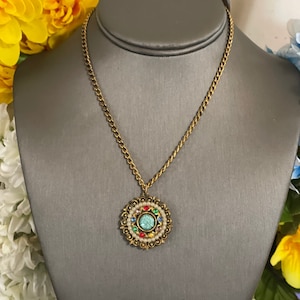 Vintage Gold Tone and Rhinestones with Small Pearls Pendant Necklace