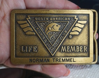 Vintage Belt Buckle Brass Toned Rectangle North American Fishing Club Life Member Norman Tremmel