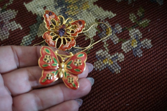 3 Gold Tone Butterfly Brooch Pin- Enamel, Jade,Co… - image 9