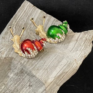 2 Gold tone Snails Red and Green Enamel Rhinestone Pins