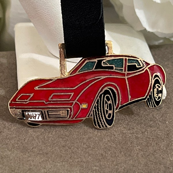 Gold tone and Enamel Chevy Chevrolet Corvette Vette Car Watch Fob W/ Leather Strap