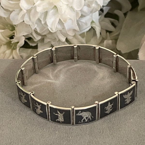 Vintage Sterling Silver Niello Enamel Siam Panel Bracelet Signed Alex and Co.