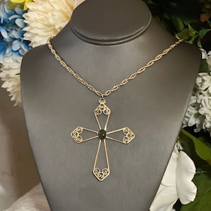 Vintage Hobe Signed Gold Tone Filagree Cross Pendant Necklace with Green Oval Stone