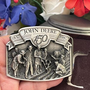 Vintage Pewter Color John Deere 150th 1837-1987 Commemorative Metal Belt Buckle