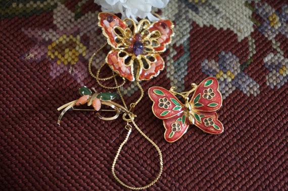 3 Gold Tone Butterfly Brooch Pin- Enamel, Jade,Co… - image 1